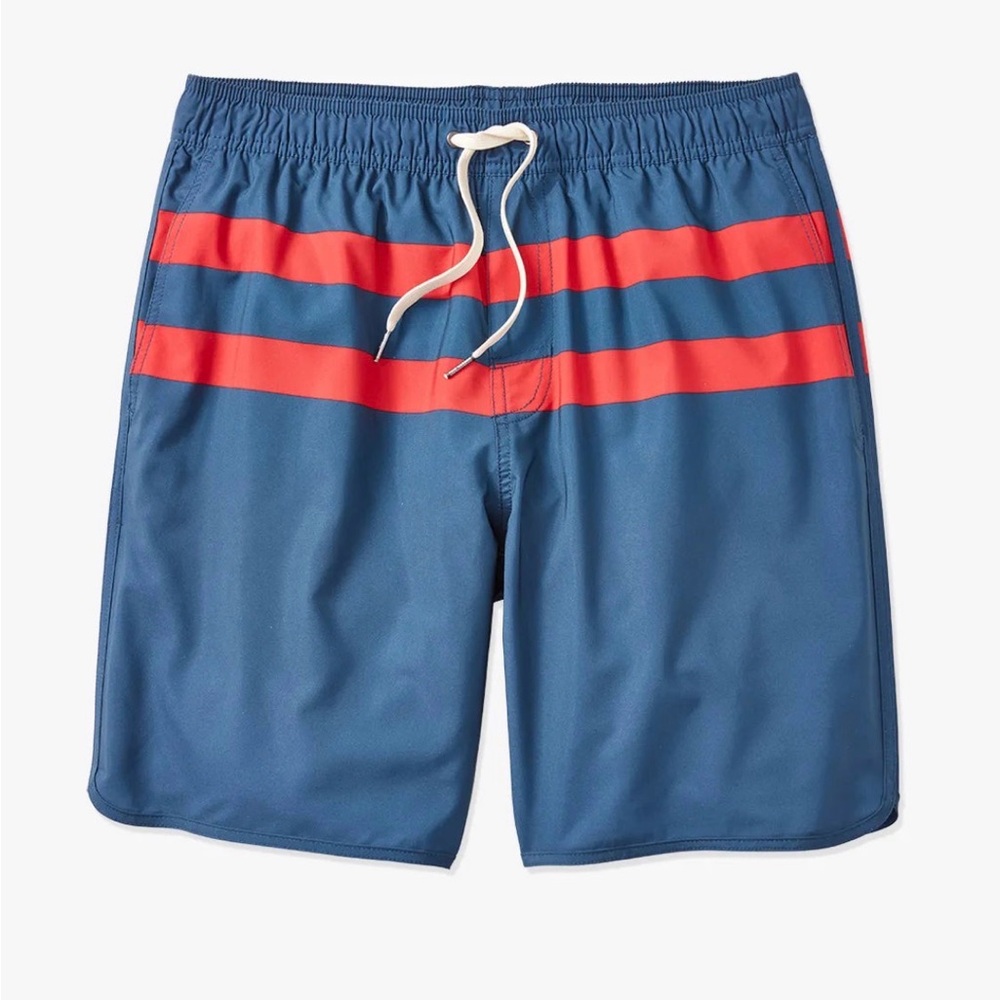 Fair Harbor Blue Swim Board Shorts with Red Stripes